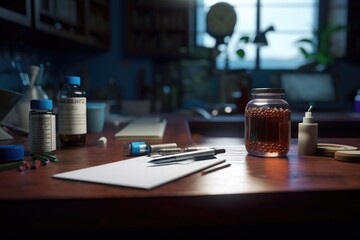 Doctor's office desk with pills and stethoscope. - obrazy, fototapety, plakaty