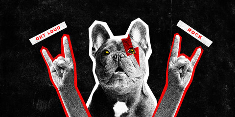 Poster. Contemporary art collage. Dog with crazy yellow eyes showing punk rock gesture against...