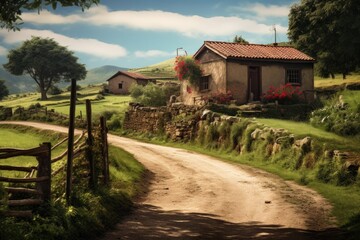 Fototapeta premium Idyllic countryside landscape with rustic house and scenic road. Rural tranquility and lifestyle.