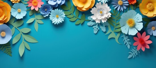 Multicolored paper cut flowers with green leaves, copy space on blue background. Generate AI image
