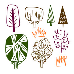 Various types of trees set. Doodle icons flat design in line art style vector illustration.