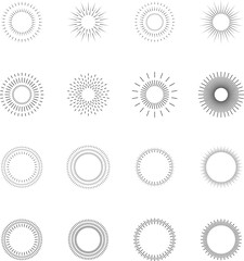 Vintage sunburst set. Bursting rays sunrise firework starburst blast, Radiant Spark. Vintage sunburst, Rays. Geometric Design Elements. Retro radiant sunburst, starburst hand drawn label, sun rays. 