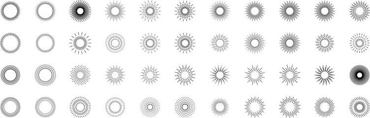 Vintage sunburst set. Bursting rays sunrise firework starburst blast, Radiant Spark. Vintage sunburst, Rays. Geometric Design Elements. Retro radiant sunburst, starburst hand drawn label, sun rays. 