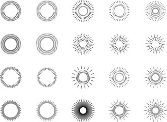Vintage sunburst set. Bursting rays sunrise firework starburst blast, Radiant Spark. Vintage sunburst, Rays. Geometric Design Elements. Retro radiant sunburst, starburst hand drawn label, sun rays. 