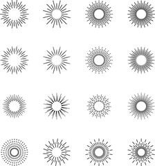 Vintage sunburst set. Bursting rays sunrise firework starburst blast, Radiant Spark. Vintage sunburst, Rays. Geometric Design Elements. Retro radiant sunburst, starburst hand drawn label, sun rays. 
