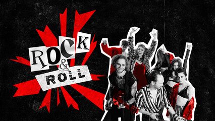 Poster. Contemporary art collage. Fans of energetic rock and roll music dance with their favorite group of guitarists against black background. Concept of Rock-n-roll day, concert. Magazine style.