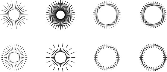 Vintage sunburst set. Bursting rays sunrise firework starburst blast, Radiant Spark. Vintage sunburst, Rays. Geometric Design Elements. Retro radiant sunburst, starburst hand drawn label, sun rays. 