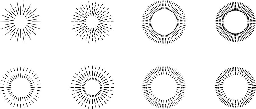 Vintage sunburst set. Bursting rays sunrise firework starburst blast, Radiant Spark. Vintage sunburst, Rays. Geometric Design Elements. Retro radiant sunburst, starburst hand drawn label, sun rays. 