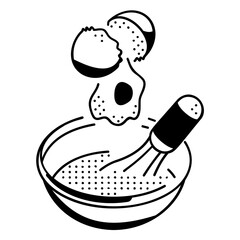 Scrambled eggs being Prepared isometric concept, Beating egg yolks and whites together Hand drawn vector, Bakery and Baked Good drawings, food preparation and Kitchen Utensils sign Culinary Doodle