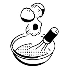 eggwhisk with bowl isometric concept, Broken egg in mixing Hand drawn vector, Bakery and Baker drawings, food preparation and Kitchen Utensil Sketch Culinary Doodle stock illustration