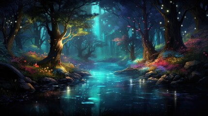 Enchanted forest scene with glowing river and magical lights. Fantasy landscape.