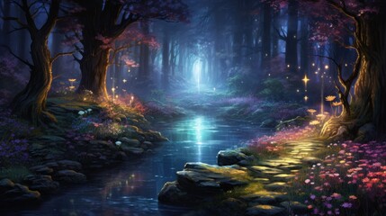 Enchanted forest with magical glow and stream. Fantasy landscape.