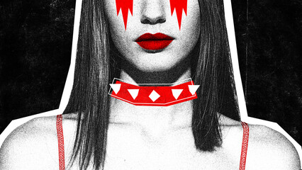 Poster. Contemporary art collage. Cropped female model, fun of heavy metal music crying with red tears. Grainy fabric effect. Concept of Rock-n-roll day, concert, festival. Magazine style.