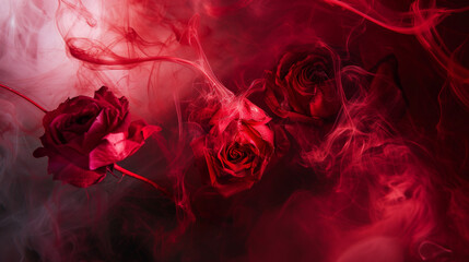 Naklejka premium Abstract fine art of red rose petals and roses on liquid smoke deep red background for Valentine’s Day.