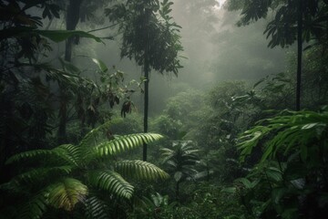 Fototapeta premium Lush Wonderland: A Captivating View of a Tropical Forest, Nature's Verdant Symphony in Full Bloom. Ideal for Adding Tropical Vibes and Breathtaking Greenery