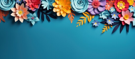 Multicolored paper cut flowers with green leaves, copy space on blue background. Generate AI image - obrazy, fototapety, plakaty