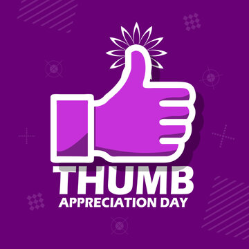 Thumb Appreciation Day event banner. Hand icon with thumb up and bold text on dark purple background to celebrate on February 18