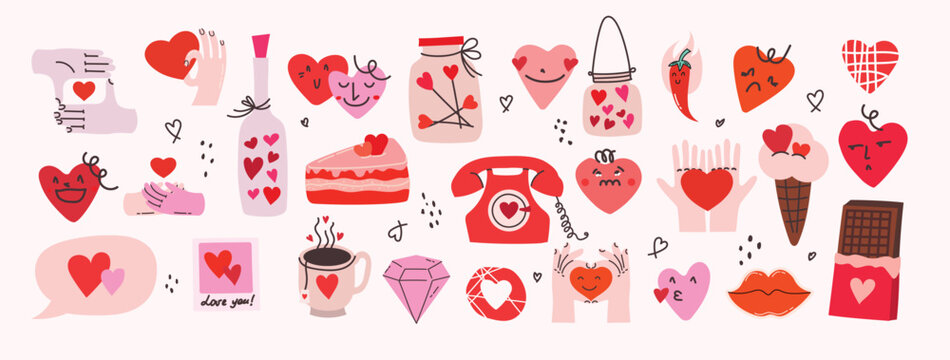 Valentine day elements huge vector set. Gifts, chocolate, hearts, envelopes, desserts, floral bouquets, lips and other traditional decorations. Perfect for stickers and greeting cards.