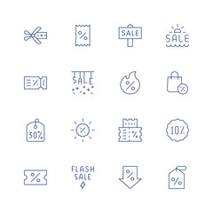 Sales line icon set on transparent background with editable stroke. Containing cut, coupon, percent, ticket, sale, sales, flashsale, summersale, hotsale, discount, decrease, pricetag.