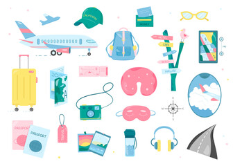 Set of flat style elements about travel on white background. Travelling background. Vector collection. White background