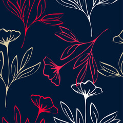 Modern vector seamles Floral pattern.Fashionable template.Hand drawn unique print.Red Poppies.Vector illustration of Florals in trendy outline style.	