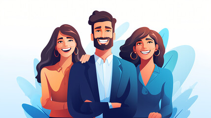 Group of three people smiling together, flat vector illustration - obrazy, fototapety, plakaty