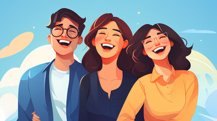 Group of three people smiling together, flat vector illustration - obrazy, fototapety, plakaty