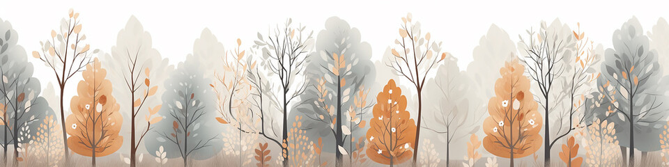 soft color panorama autumn forest landscape, narrow drawing for website design in pastel tinted light