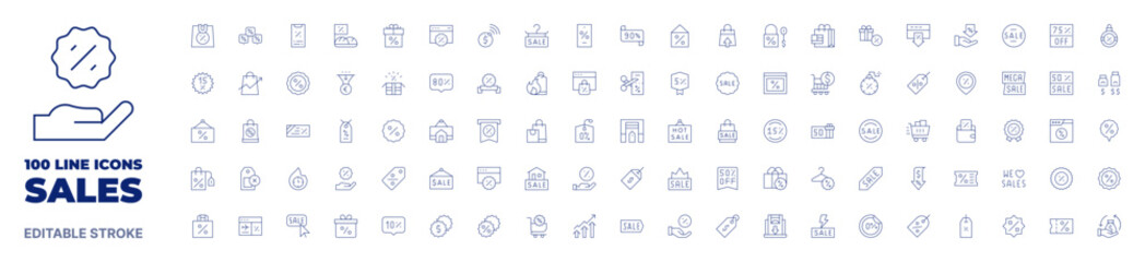 100 icons Sales collection. Thin line icon. Editable stroke. Sales icons for web and mobile app. - obrazy, fototapety, plakaty