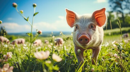a little funny pig looks at the camera and walks through a flowering meadow on a farm on a sunny warm day - obrazy, fototapety, plakaty