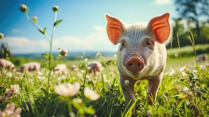 Fotobehang a little funny pig looks at the camera and walks through a flowering meadow on a farm on a sunny warm day © Olena