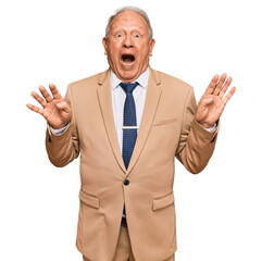 Senior caucasian man wearing business suit and tie celebrating crazy and amazed for success with arms raised and open eyes screaming excited. winner concept