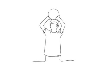 One continuous line drawing of kids playing ball. Simple practice minimalist concept, editable stroke.