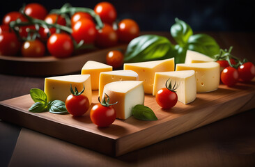 Cheese cut into large pieces, cherry tomatoes and basil leaves on a wooden plate, the concept of healthy and delicious food
