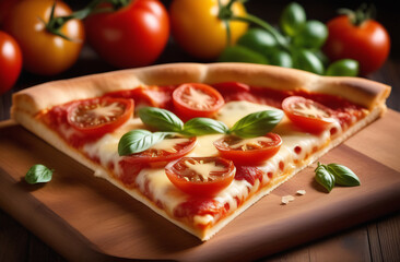 A slice of pizza with melted cheese, cherry tomatoes and basil leaves, fragrant and delicious food