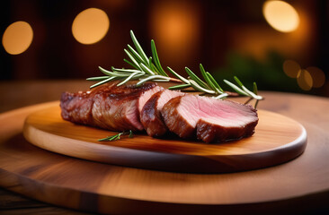 Meat steak fresh hot juicy medium roast with rosemary, delicious food concept, food delivery from the restaurant