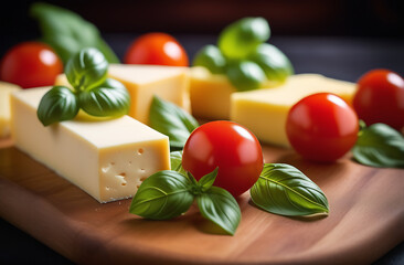 Cheese cut into large pieces, cherry tomatoes and basil leaves on a wooden plate, the concept of healthy and delicious food