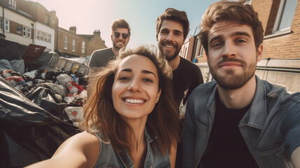 cool diverse trendy Instagrammers taking selfies around a lot of trash cans and bins on a street in the UK on beautiful sunny morning - obrazy, fototapety, plakaty