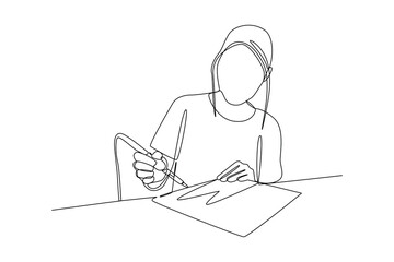 One continuous line drawing of woman use soldering for practice. Simple practice minimalist concept, editable stroke.