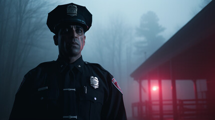 Cinematic shot of a cop near a fog covered bridge - obrazy, fototapety, plakaty