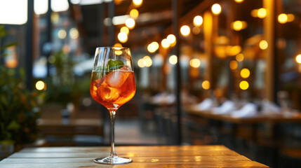 Aperol Spritz cocktail served outside on cafe table, evening lights
