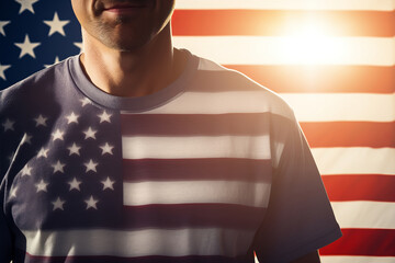 a man wearing a tee shirt with a USA flag.