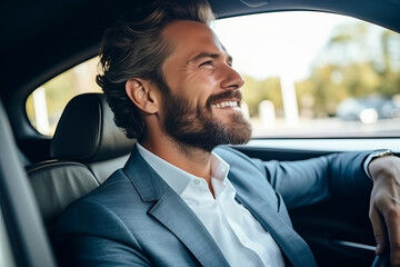 Attractive elegant happy man in good car.