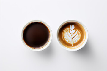 Two coffees including black and latte on white table - obrazy, fototapety, plakaty