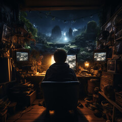 Concept of gaming addiction, featuring back view of a boy sitting in a dark room, lit by the glow of a screen. Capturing immersive nature of excessive gaming and its potential risks. - obrazy, fototapety, plakaty