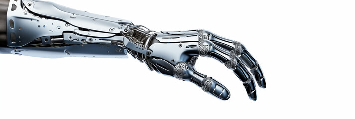 Cyborg hand finger pointing, technology of artificial intelligence. Steel futuristic arm, type of bionic arm with similar functions to a human arm isolated on white. with copy space.