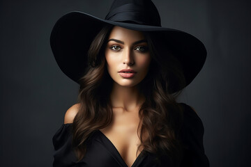 Dramatic dark studio portrait of elegant and sexy young woman in black wide hat and black dress. - obrazy, fototapety, plakaty