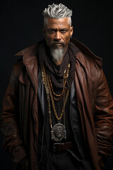 Obraz premium full-length photo in the studio of a dark-skinned handsome guy with white hair and blue eyes standing on a dark background with a serious facial expression in brown.