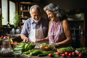 happy and healthy seniors prepare vegan food at home. - obrazy, fototapety, plakaty
