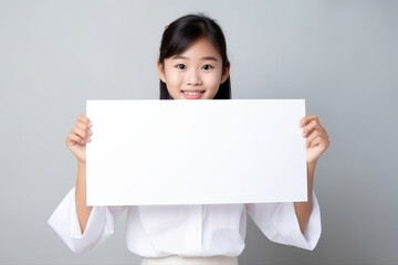 Happy asian scholl girl holding blank white banner sign, isolated studio portrait.
